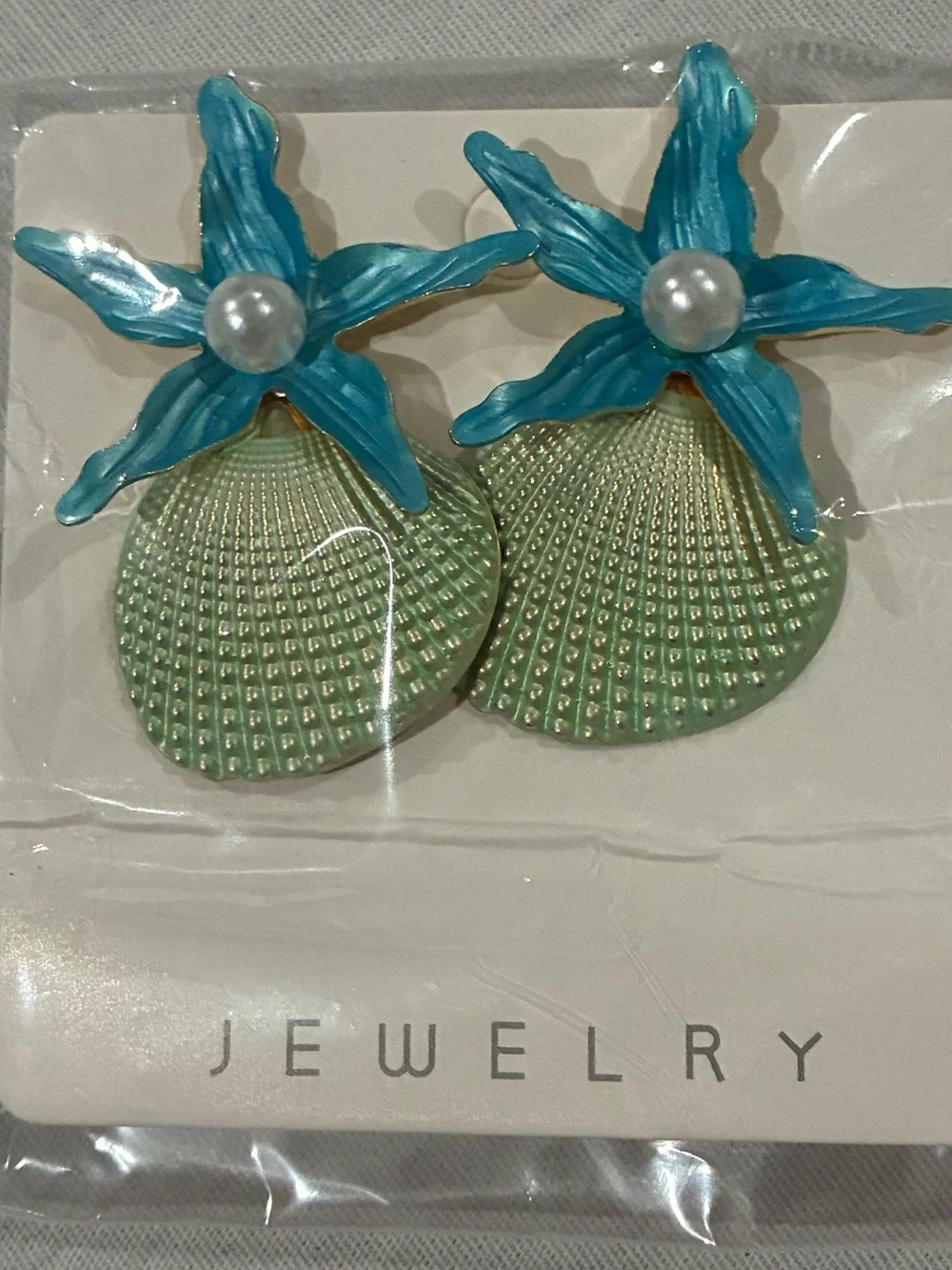 Blue Starfish & Green Shell Drop Earrings